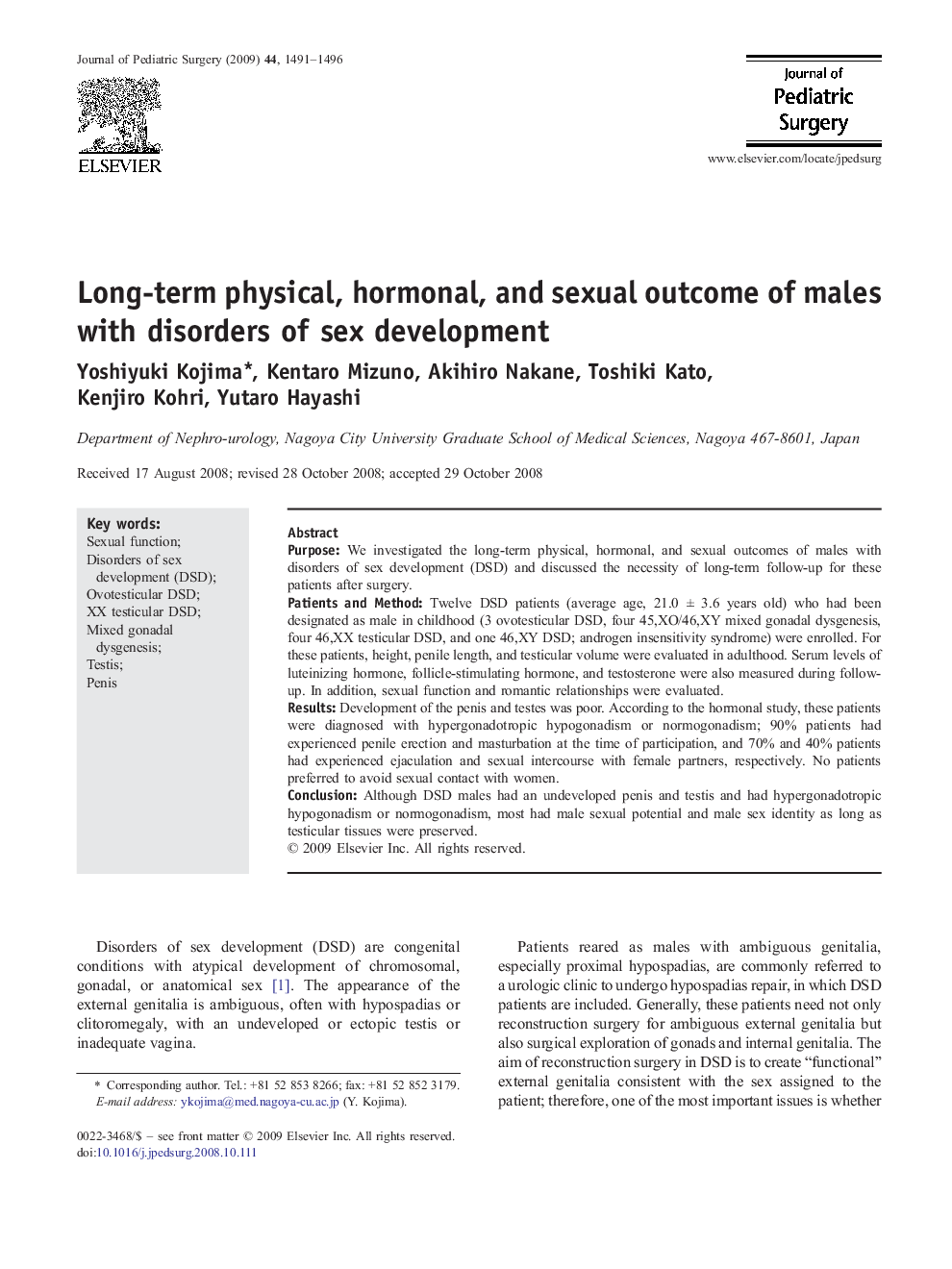 Long-term physical, hormonal, and sexual outcome of males with disorders of sex development