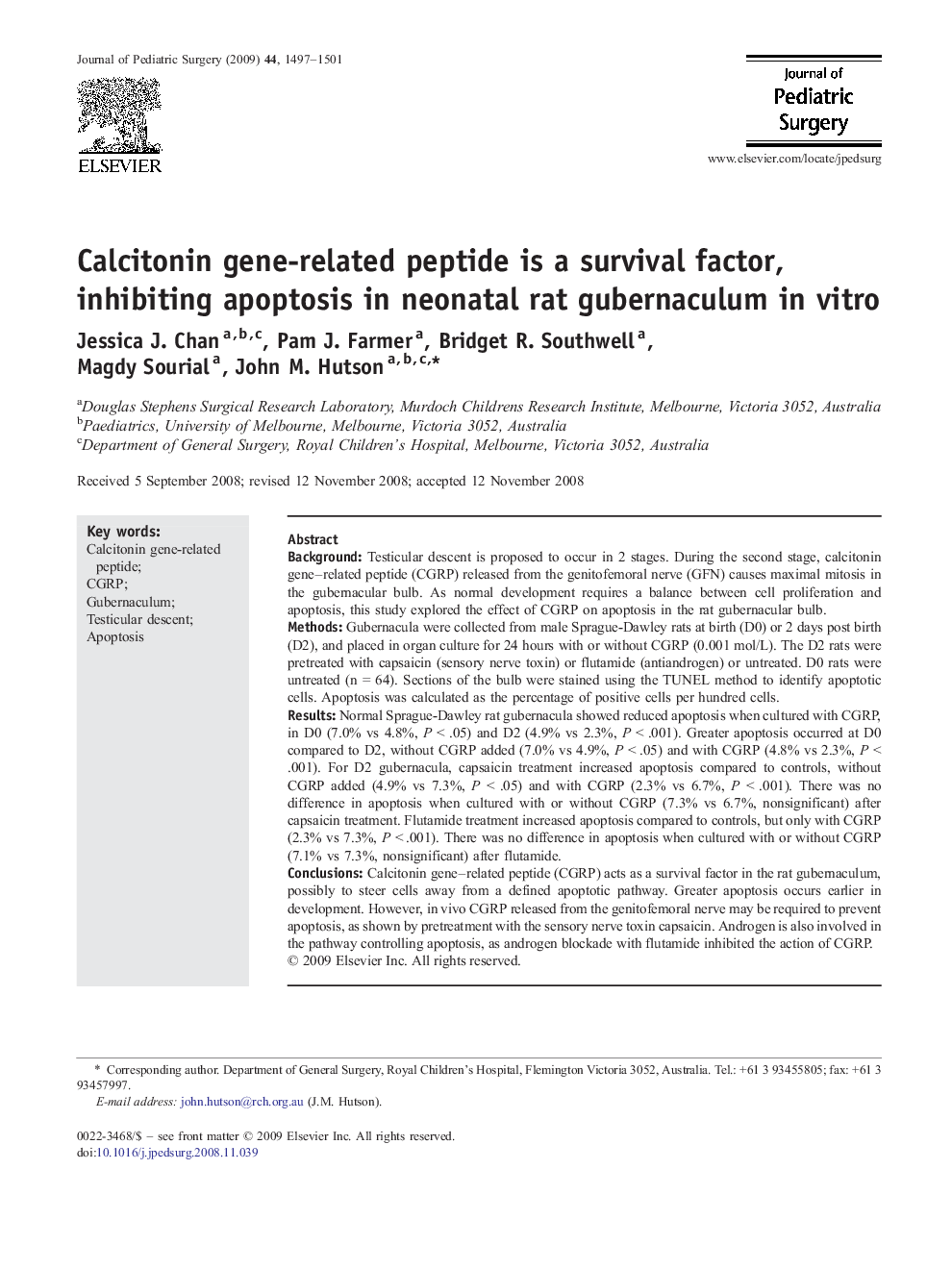 Calcitonin gene-related peptide is a survival factor, inhibiting apoptosis in neonatal rat gubernaculum in vitro