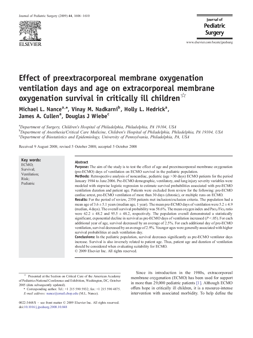 Effect of preextracorporeal membrane oxygenation ventilation days and age on extracorporeal membrane oxygenation survival in critically ill children 