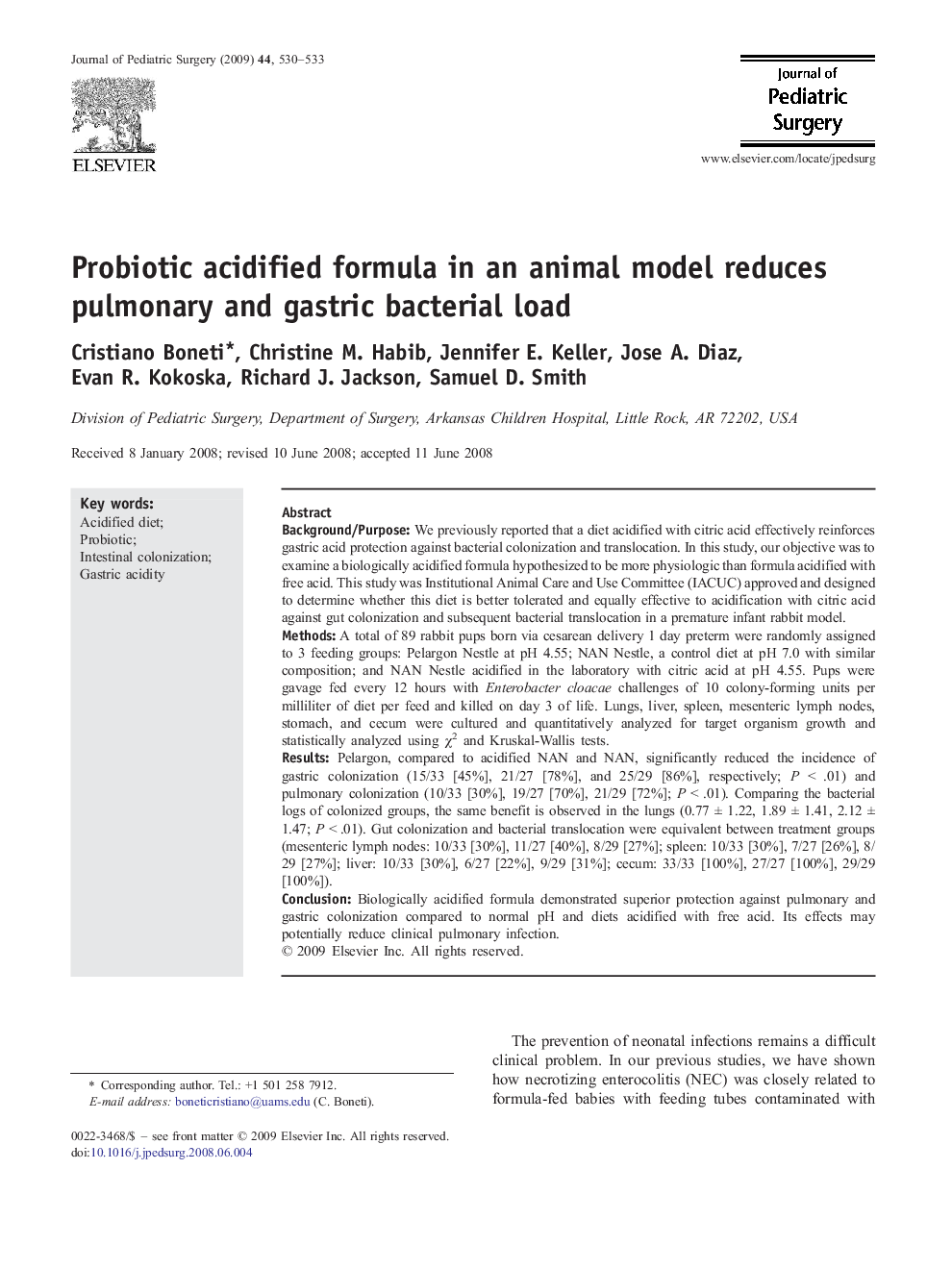 Probiotic acidified formula in an animal model reduces pulmonary and gastric bacterial load