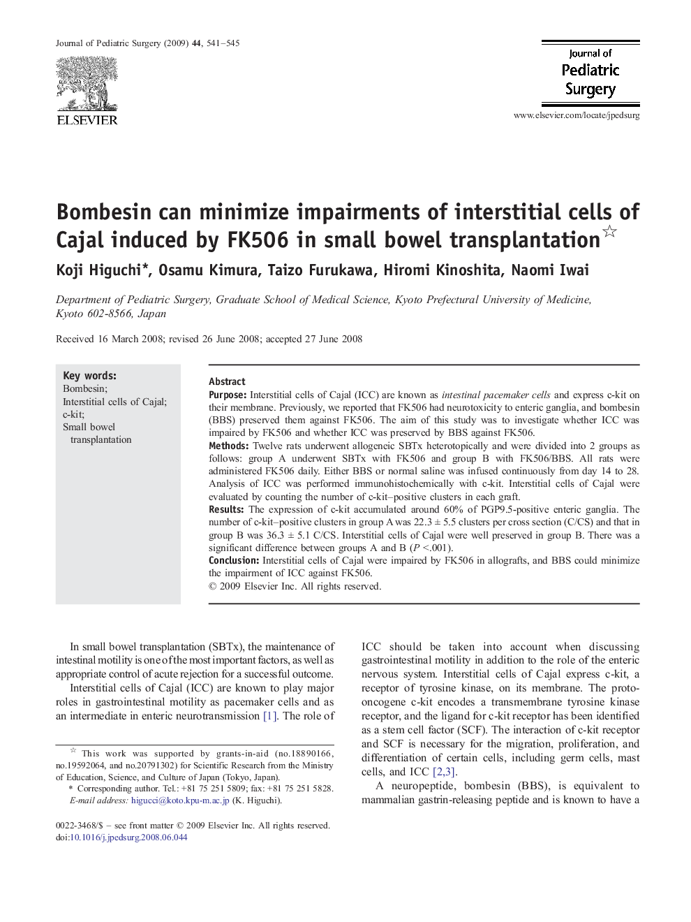 Bombesin can minimize impairments of interstitial cells of Cajal induced by FK506 in small bowel transplantation