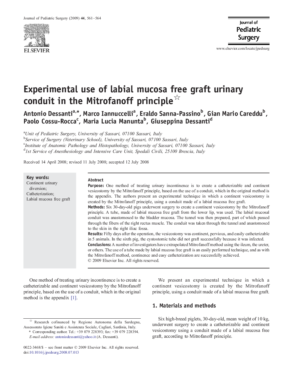 Experimental use of labial mucosa free graft urinary conduit in the Mitrofanoff principle