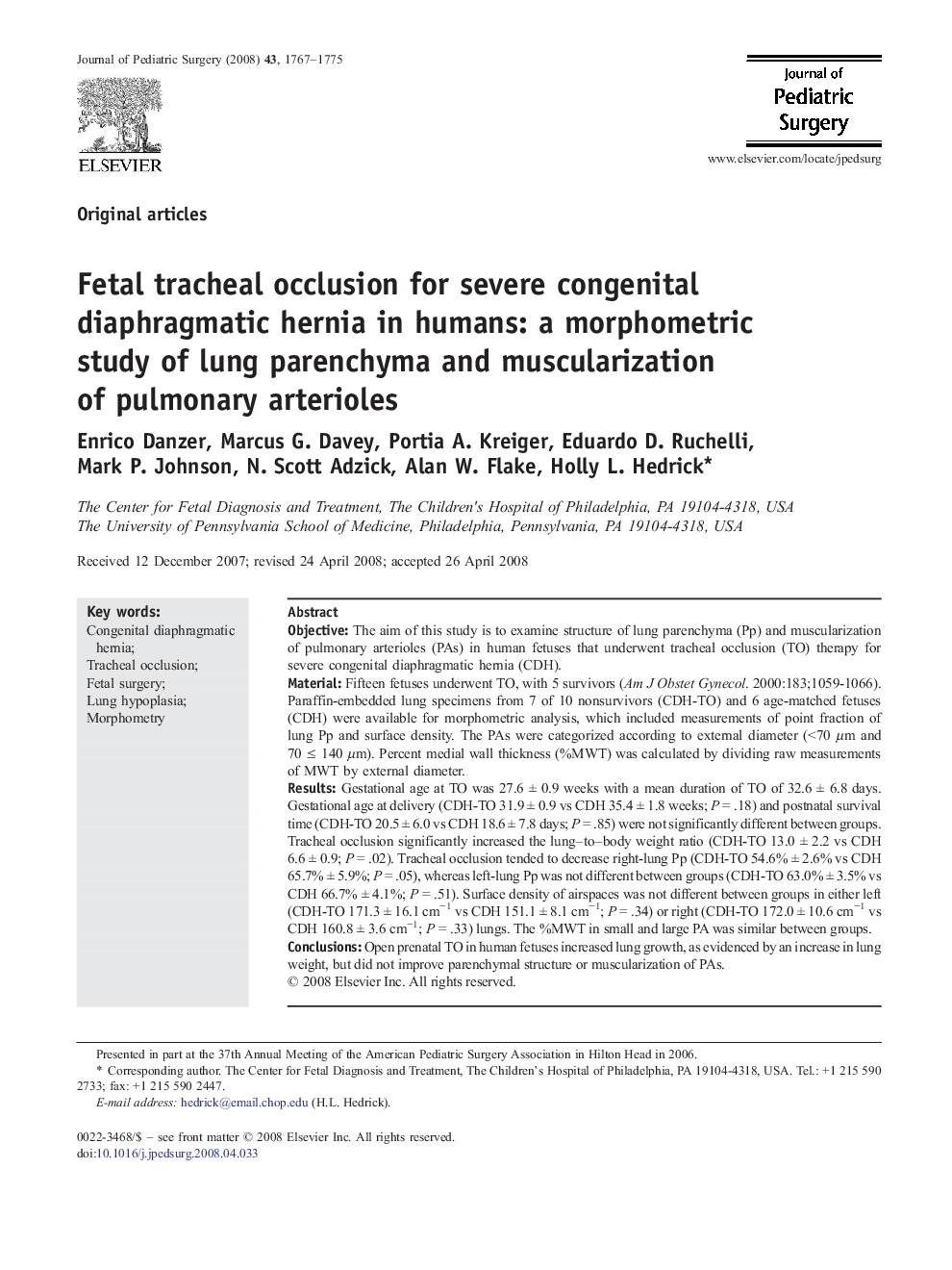 Fetal tracheal occlusion for severe congenital diaphragmatic hernia in humans: a morphometric study of lung parenchyma and muscularization of pulmonary arterioles 