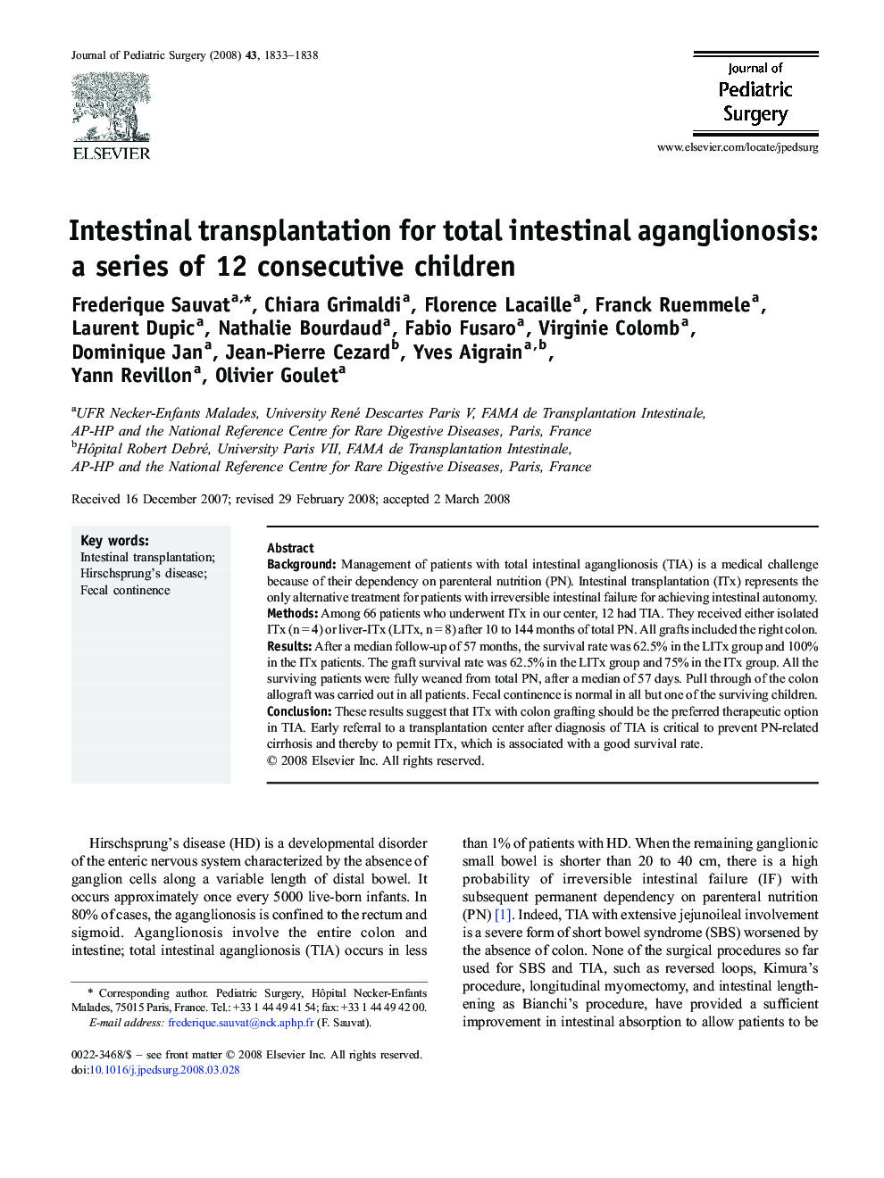 Intestinal transplantation for total intestinal aganglionosis: a series of 12 consecutive children