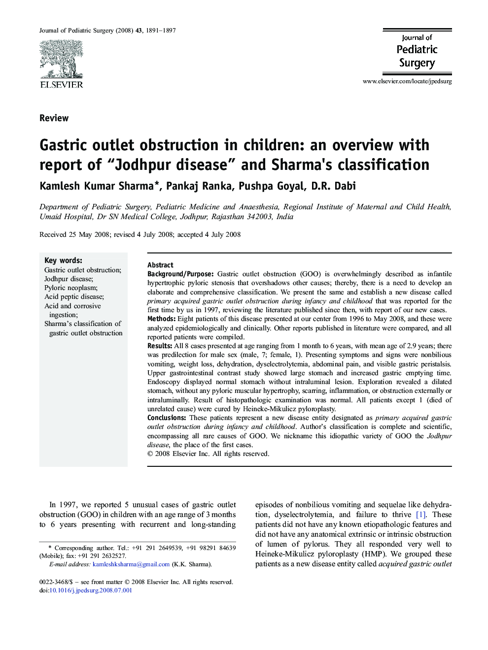 Gastric outlet obstruction in children: an overview with report of “Jodhpur disease” and Sharma's classification