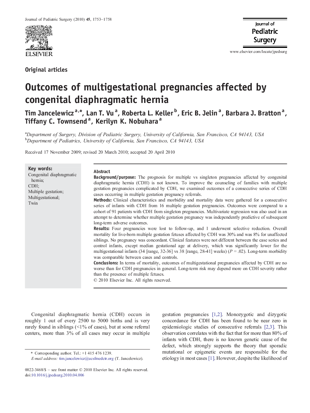 Outcomes of multigestational pregnancies affected by congenital diaphragmatic hernia