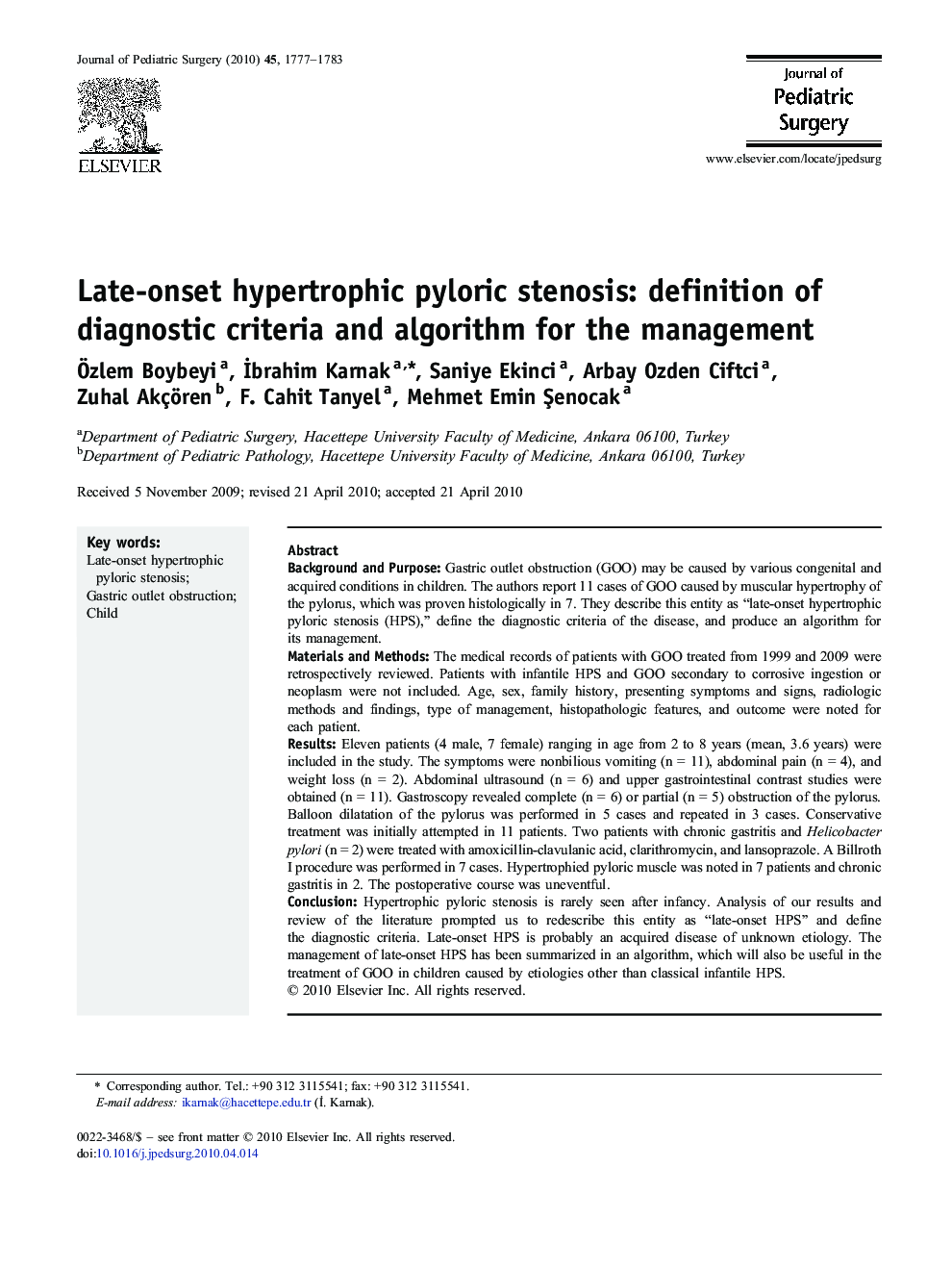 Late-onset hypertrophic pyloric stenosis: definition of diagnostic criteria and algorithm for the management