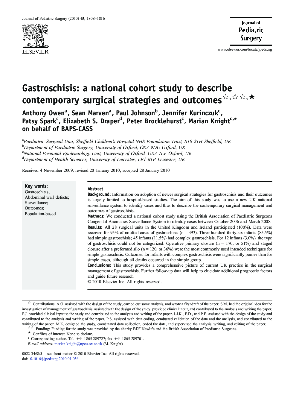 Gastroschisis: a national cohort study to describe contemporary surgical strategies and outcomes ★