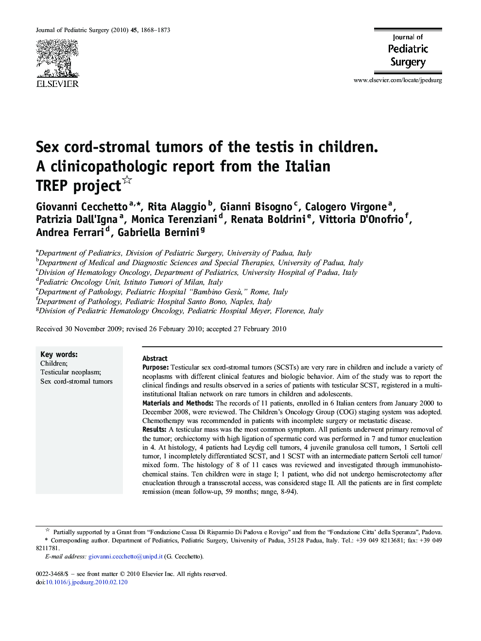 Sex cord-stromal tumors of the testis in children. A clinicopathologic report from the Italian TREP project 