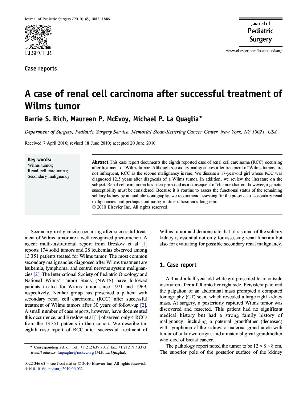 A case of renal cell carcinoma after successful treatment of Wilms tumor