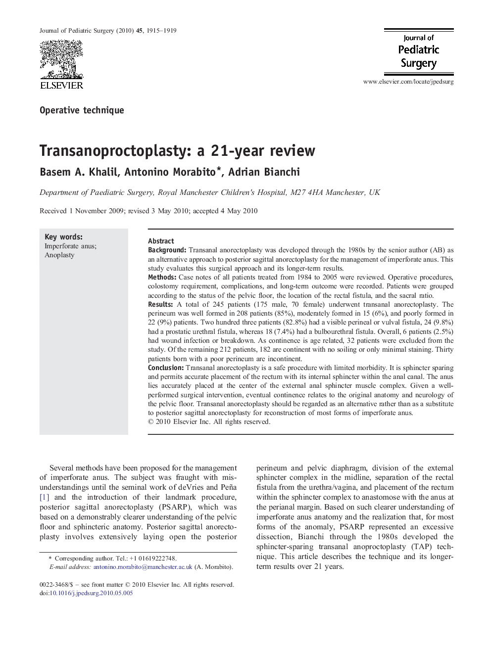 Transanoproctoplasty: a 21-year review