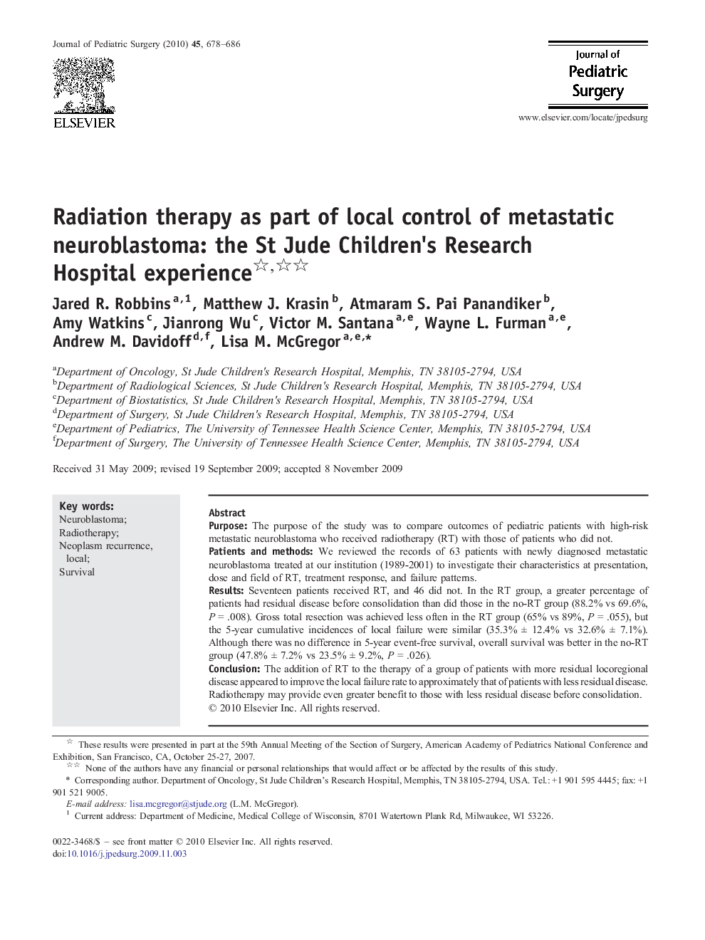 Radiation therapy as part of local control of metastatic neuroblastoma: the St Jude Children's Research Hospital experience 