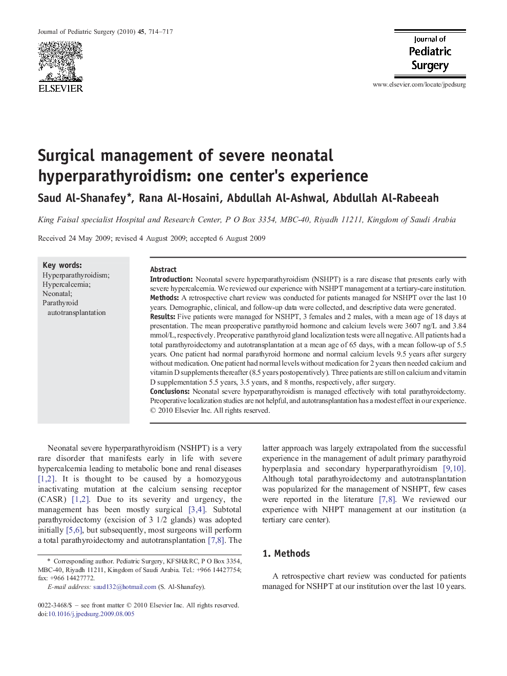 Surgical management of severe neonatal hyperparathyroidism: one center's experience