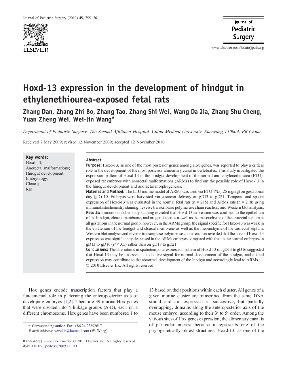 Hoxd-13 expression in the development of hindgut in ethylenethiourea-exposed fetal rats