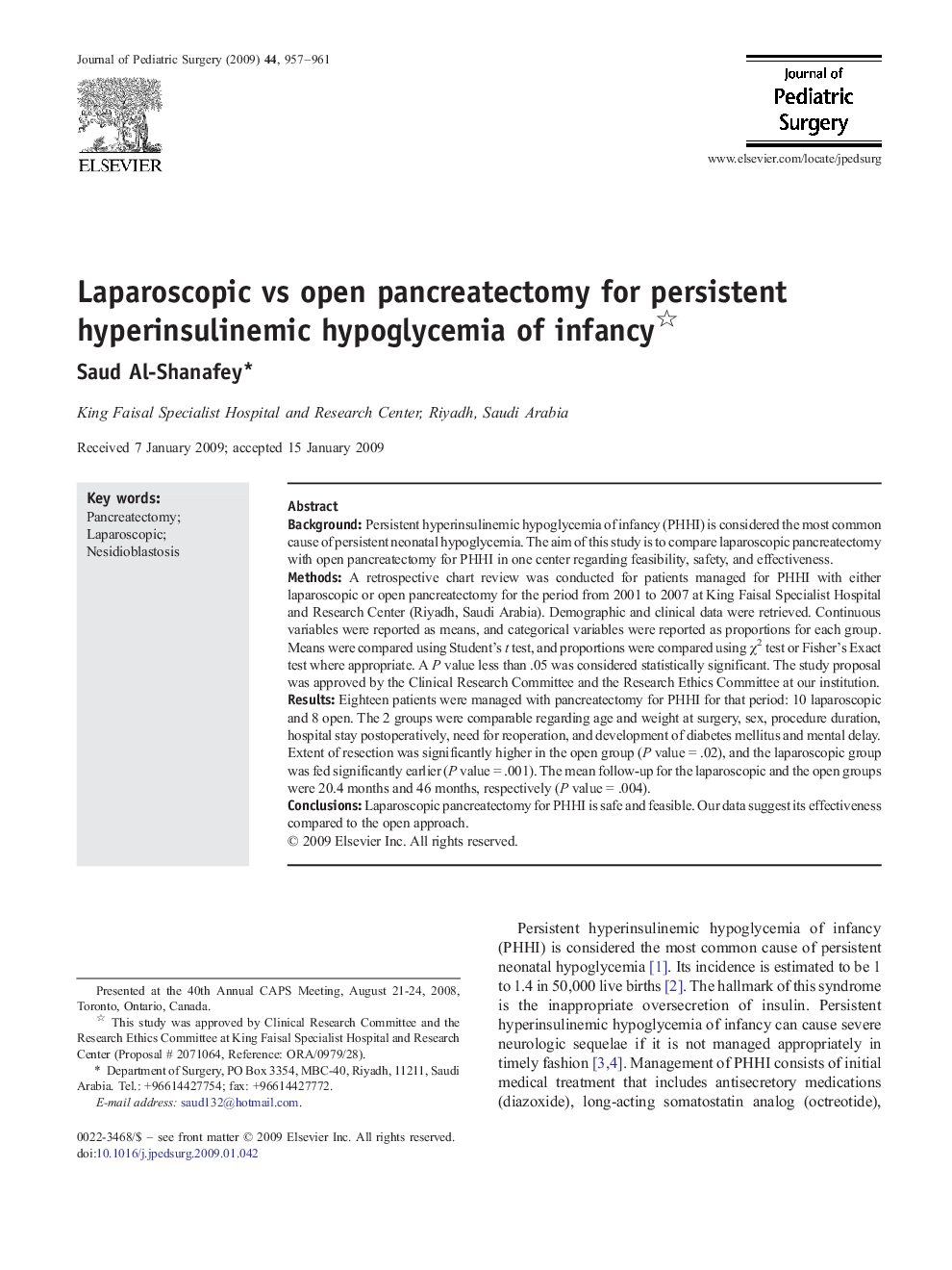 Laparoscopic vs open pancreatectomy for persistent hyperinsulinemic hypoglycemia of infancy 