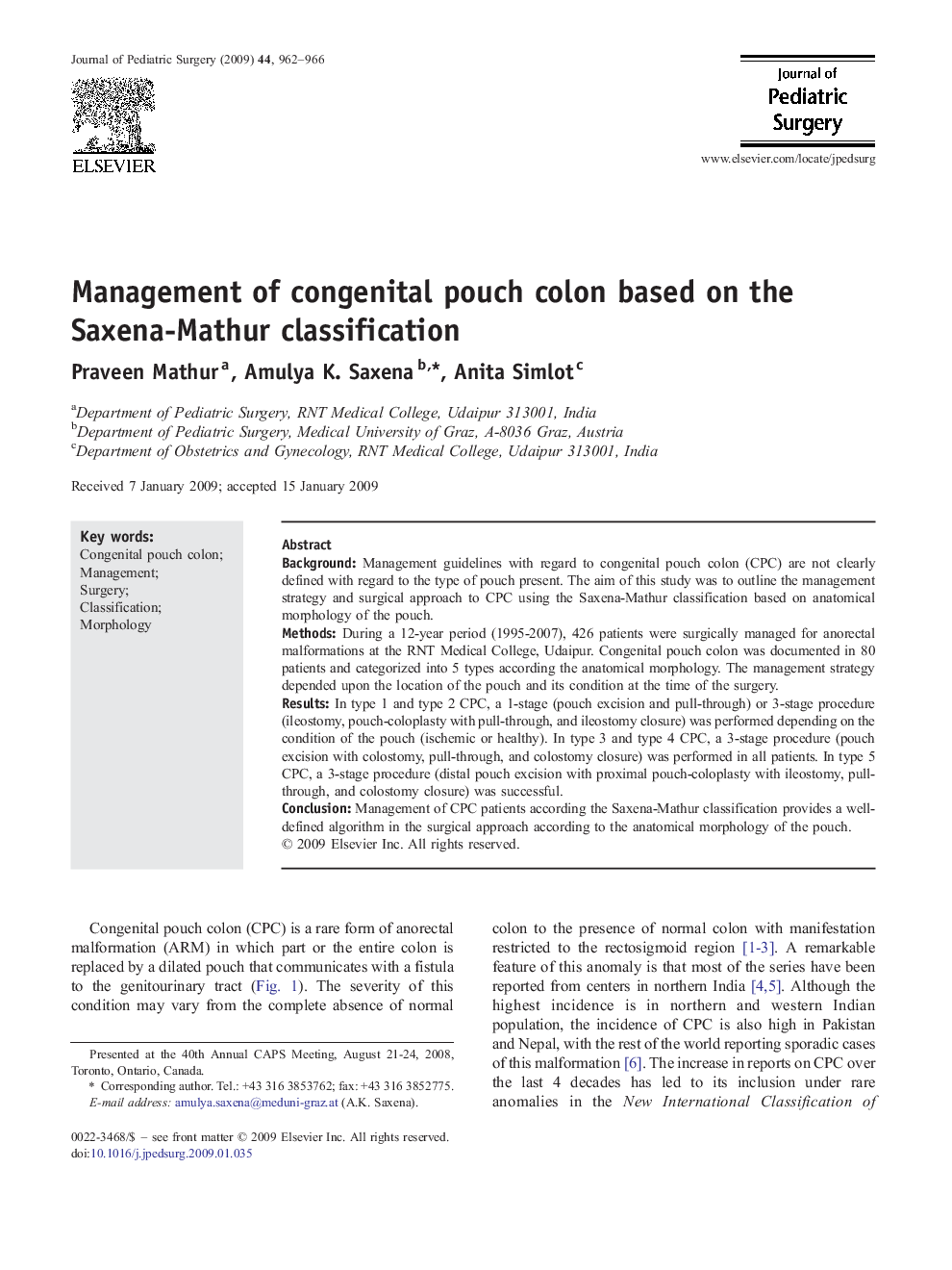 Management of congenital pouch colon based on the Saxena-Mathur classification 