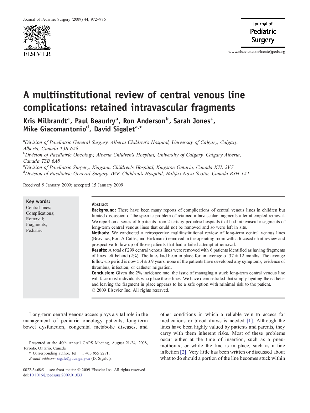 A multiinstitutional review of central venous line complications: retained intravascular fragments 