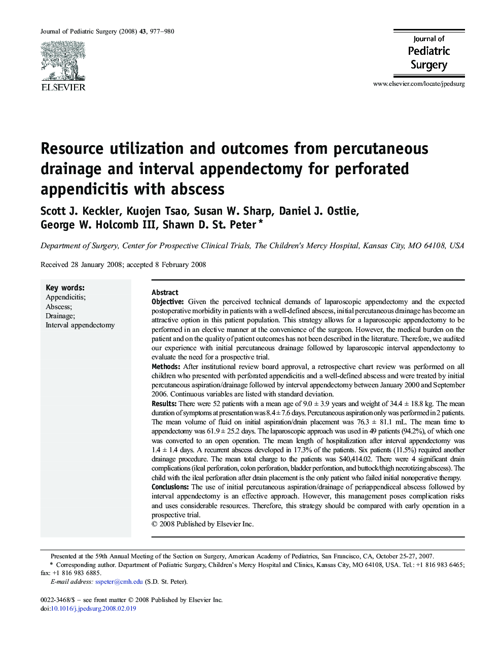 Resource utilization and outcomes from percutaneous drainage and interval appendectomy for perforated appendicitis with abscess 