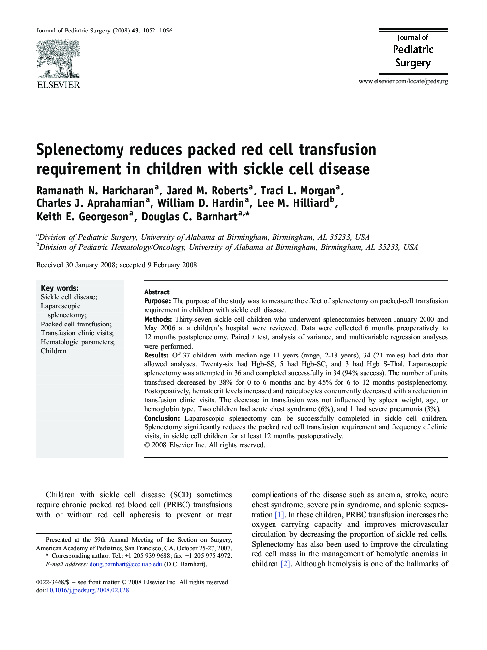 Splenectomy reduces packed red cell transfusion requirement in children with sickle cell disease 