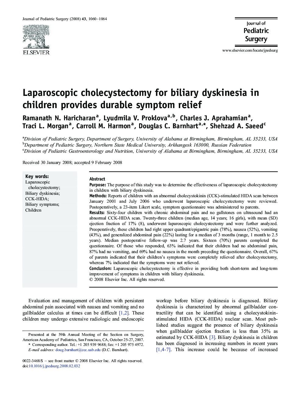 Laparoscopic cholecystectomy for biliary dyskinesia in children provides durable symptom relief 