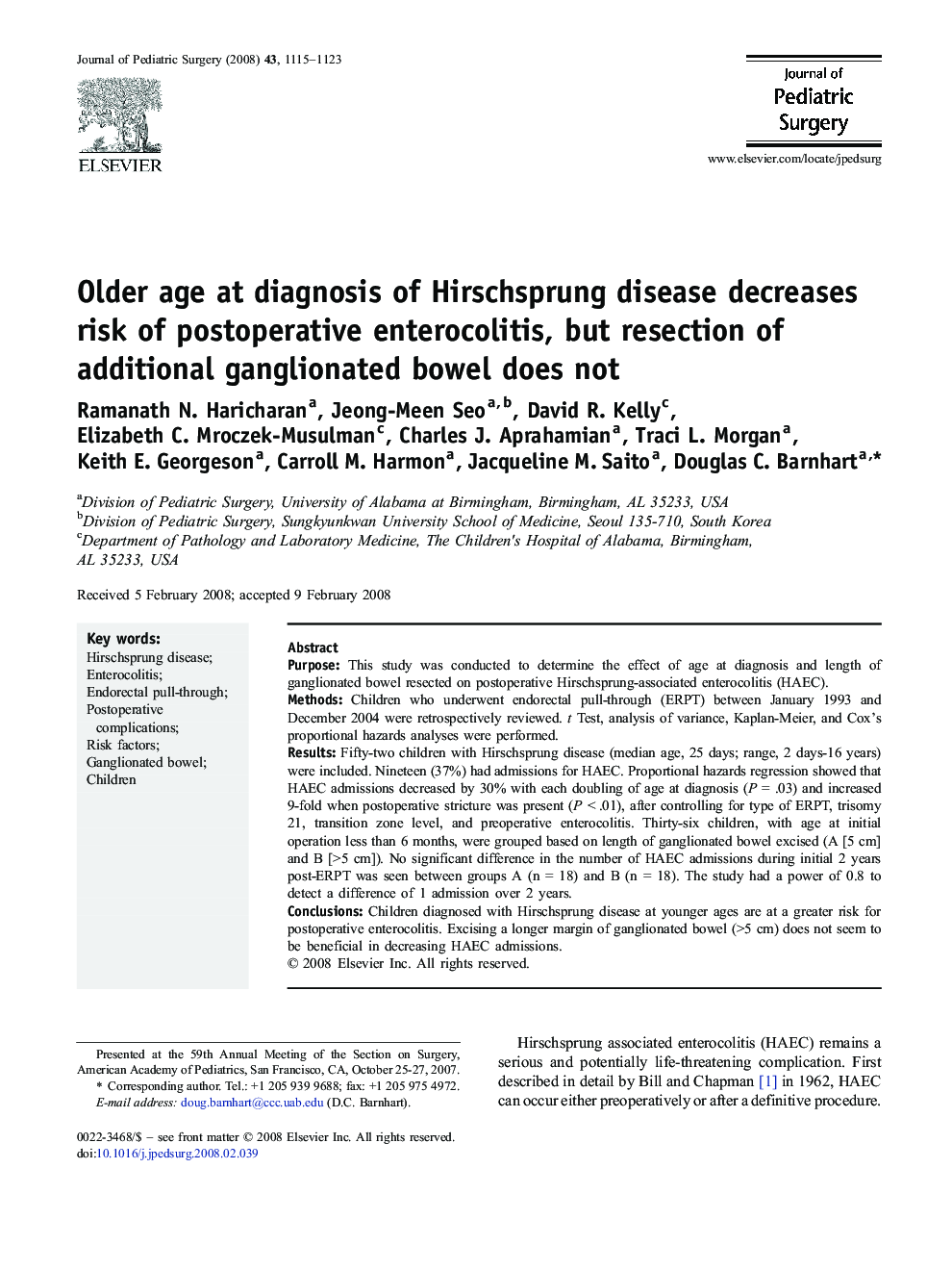 Older age at diagnosis of Hirschsprung disease decreases risk of postoperative enterocolitis, but resection of additional ganglionated bowel does not 