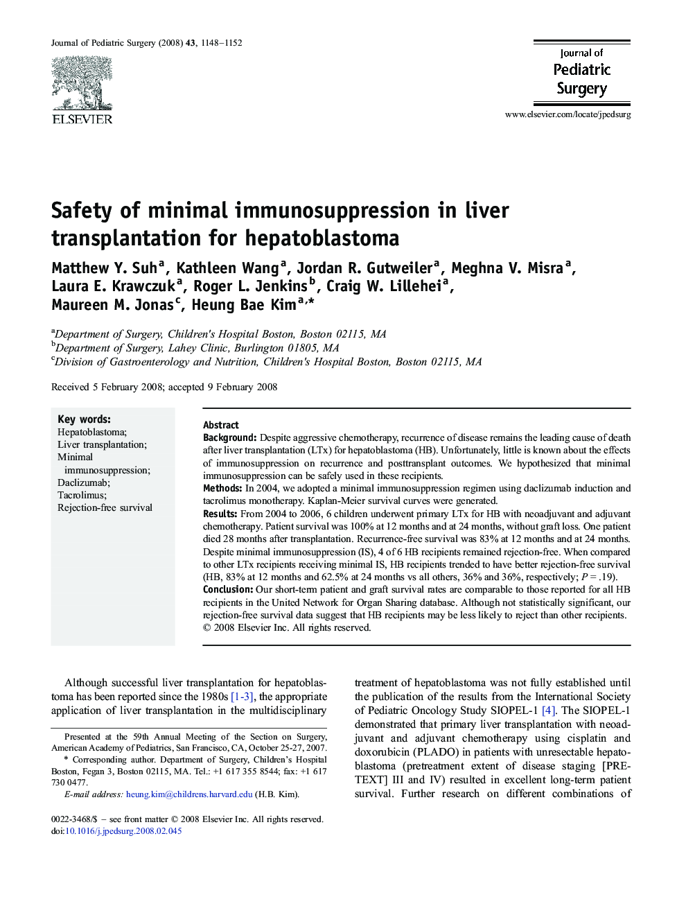 Safety of minimal immunosuppression in liver transplantation for hepatoblastoma
