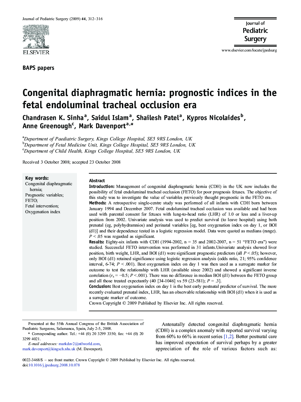 Congenital diaphragmatic hernia: prognostic indices in the fetal endoluminal tracheal occlusion era 