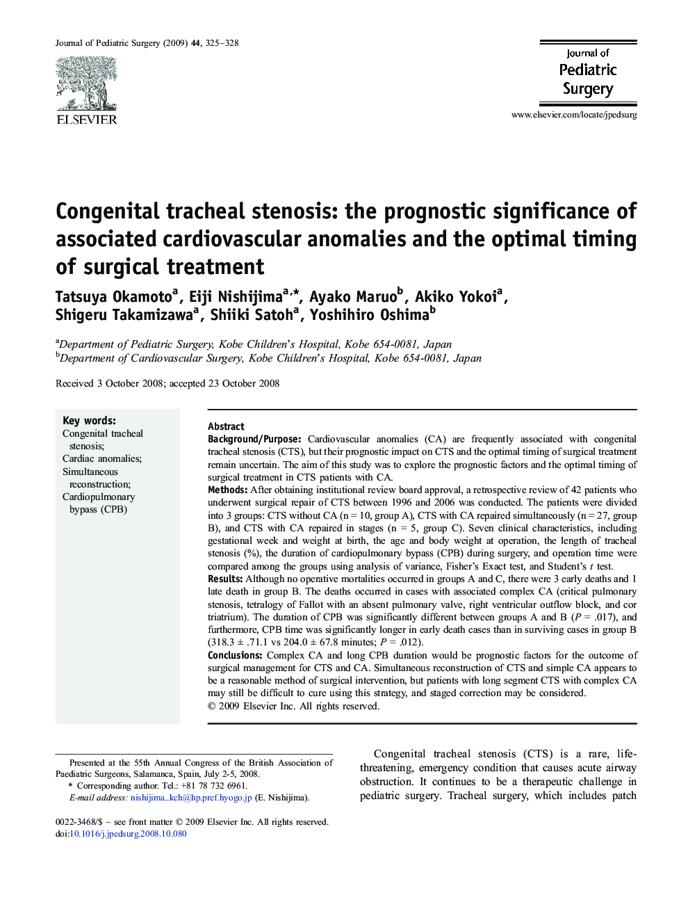 Congenital tracheal stenosis: the prognostic significance of associated cardiovascular anomalies and the optimal timing of surgical treatment 
