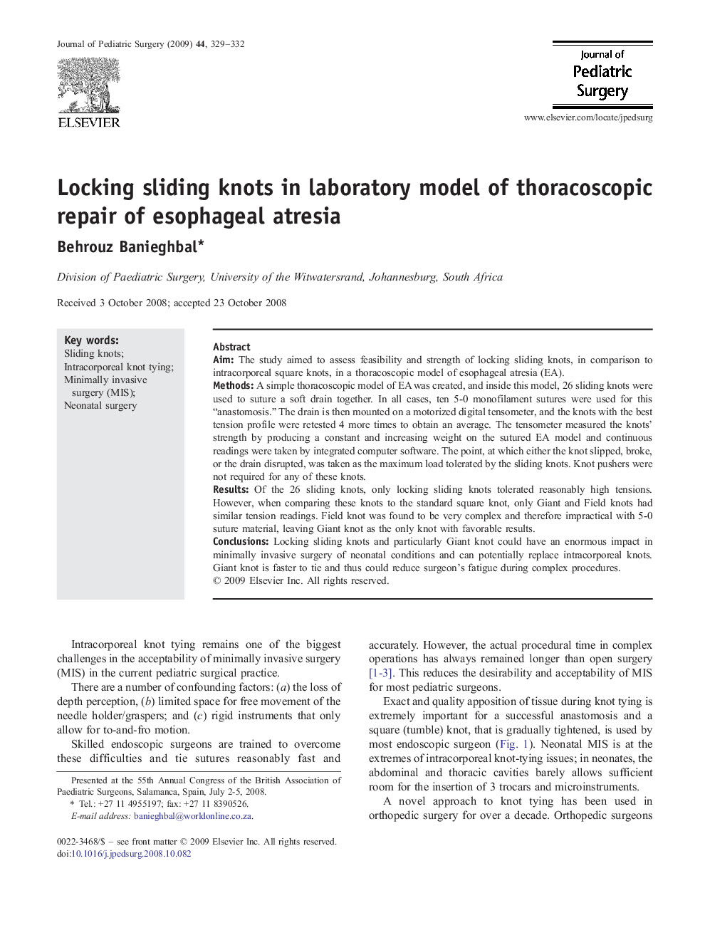 Locking sliding knots in laboratory model of thoracoscopic repair of esophageal atresia 