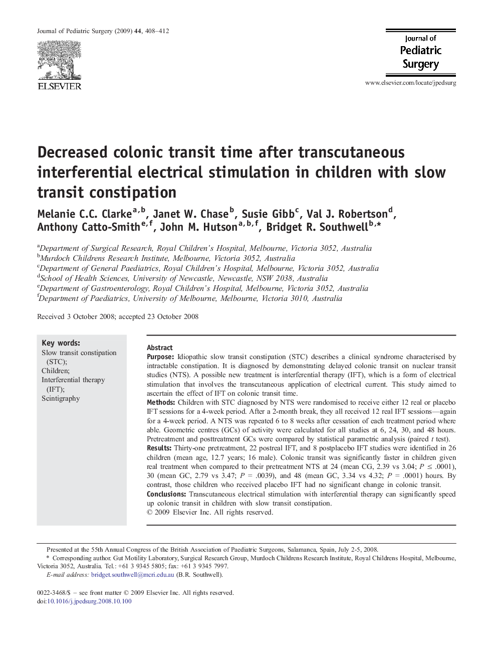 Decreased colonic transit time after transcutaneous interferential electrical stimulation in children with slow transit constipation 