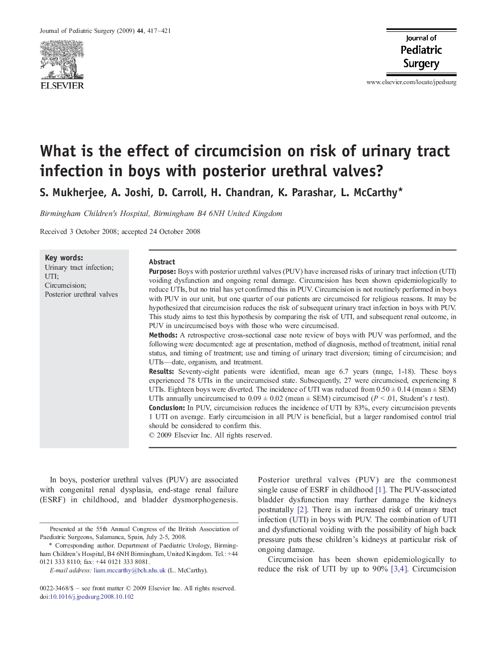 What is the effect of circumcision on risk of urinary tract infection in boys with posterior urethral valves? 