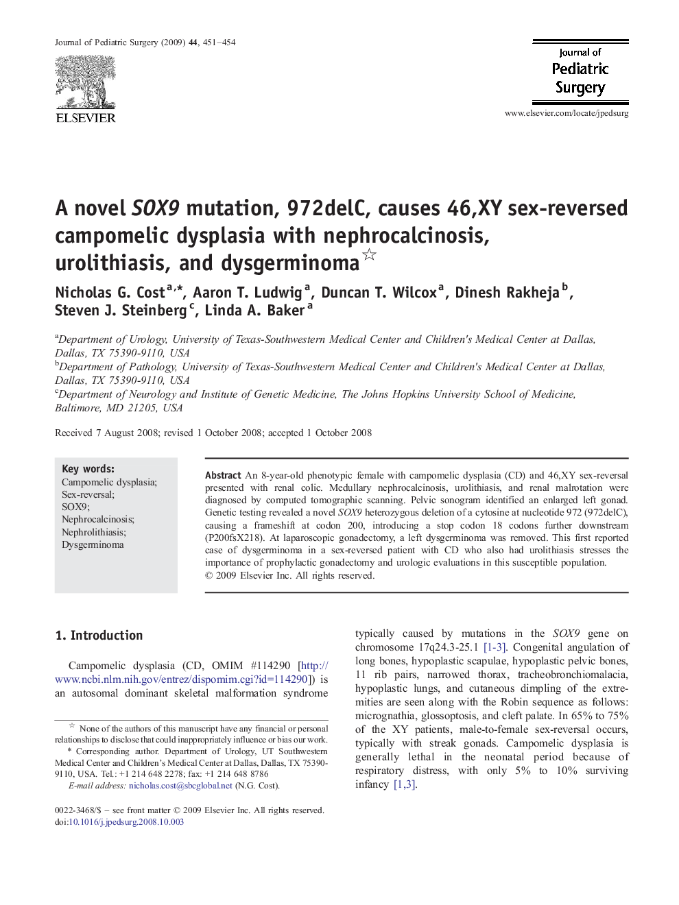 A novel SOX9 mutation, 972delC, causes 46,XY sex-reversed campomelic dysplasia with nephrocalcinosis, urolithiasis, and dysgerminoma 