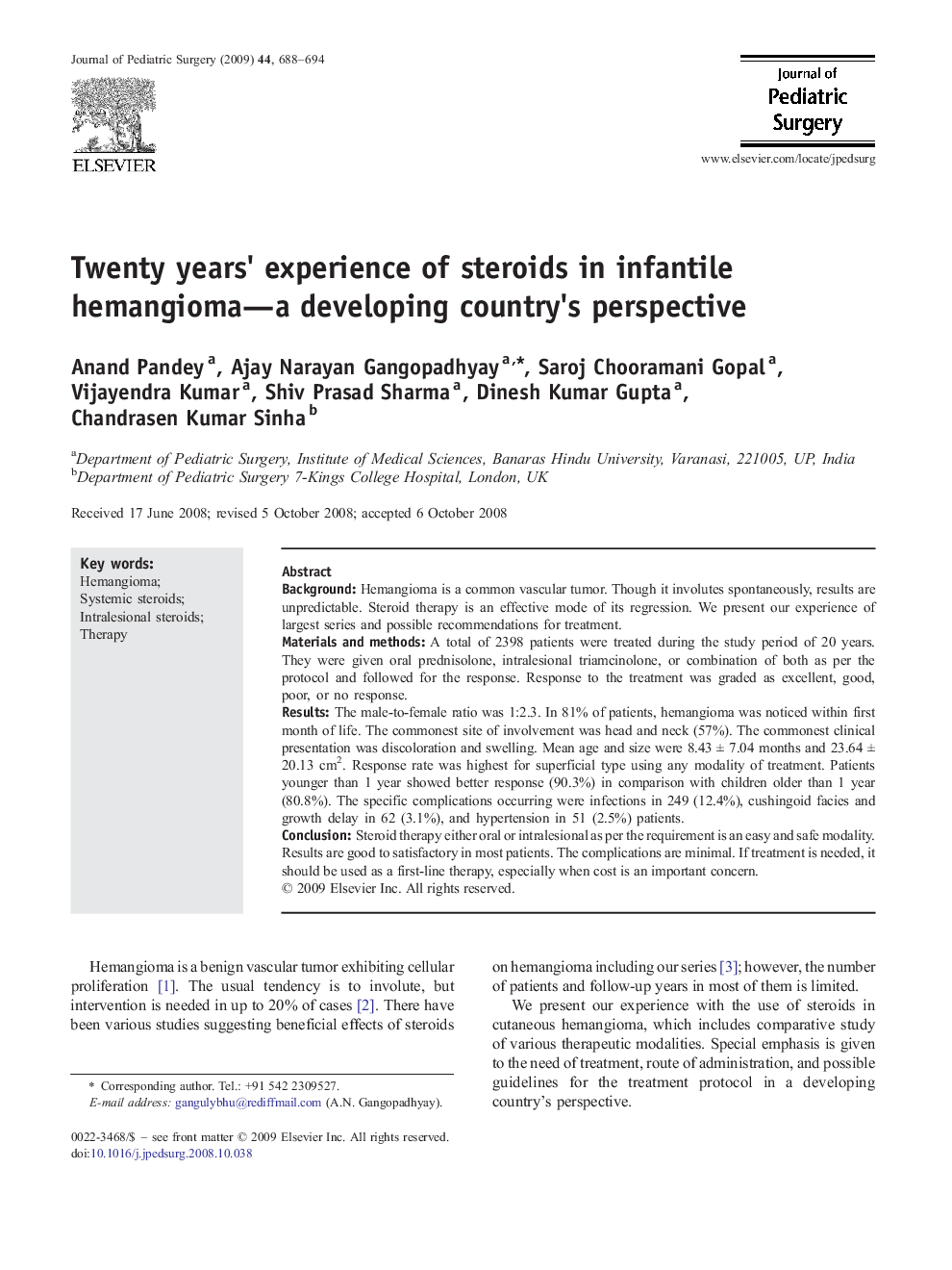 Twenty years' experience of steroids in infantile hemangioma—a developing country's perspective