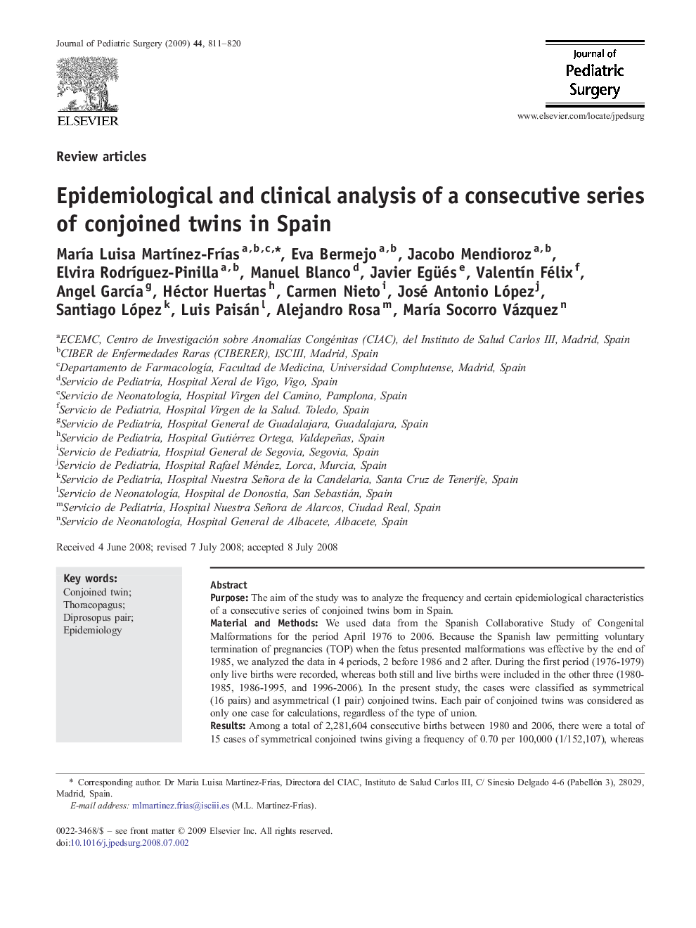 Epidemiological and clinical analysis of a consecutive series of conjoined twins in Spain