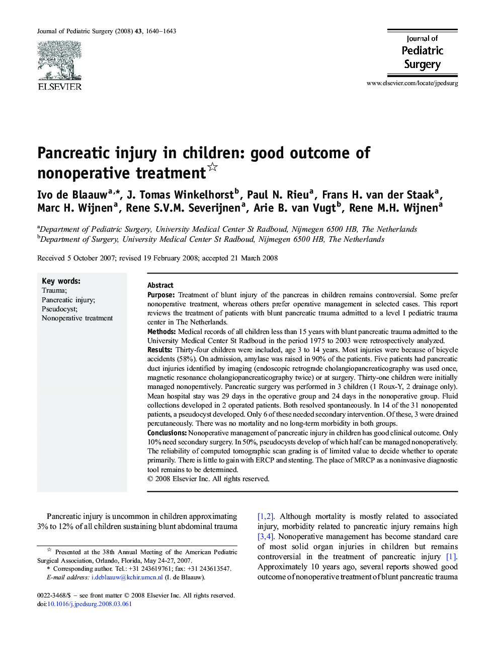 Pancreatic injury in children: good outcome of nonoperative treatment 