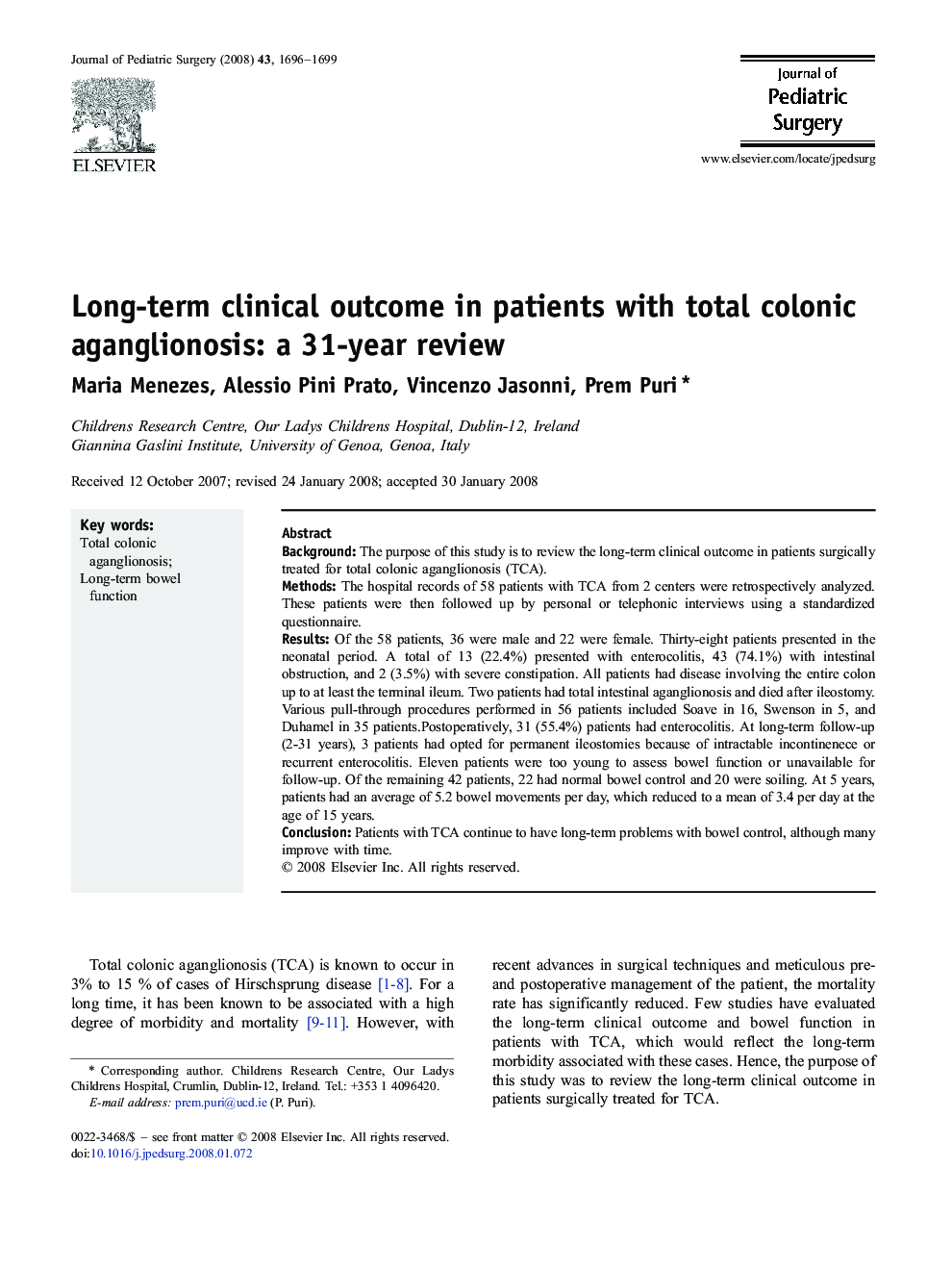 Long-term clinical outcome in patients with total colonic aganglionosis: a 31-year review