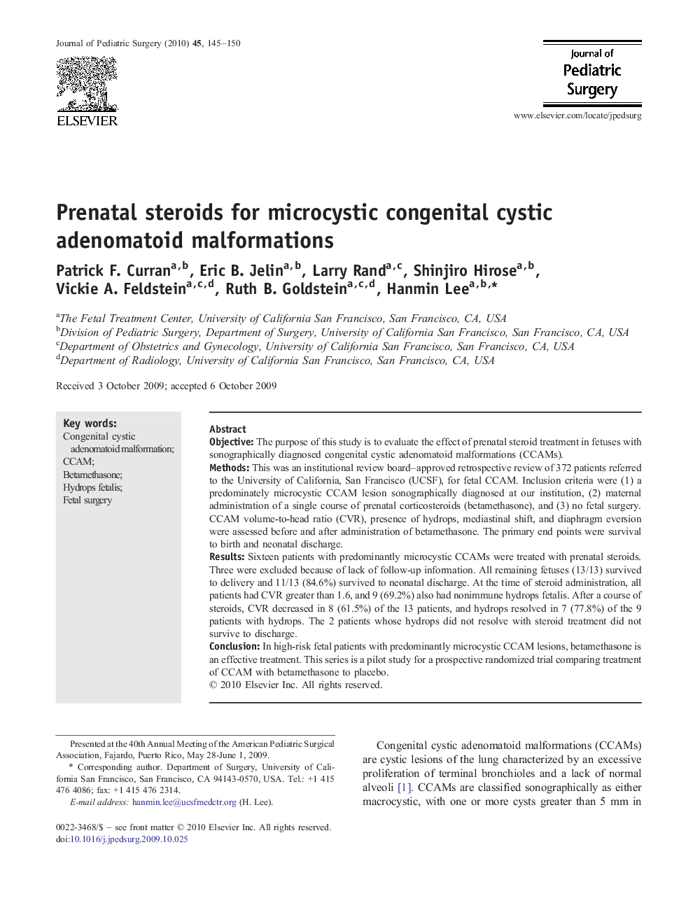 Prenatal steroids for microcystic congenital cystic adenomatoid malformations 