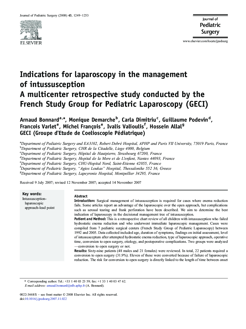 Indications for laparoscopy in the management of intussusception: A multicenter retrospective study conducted by the French Study Group for Pediatric Laparoscopy (GECI)