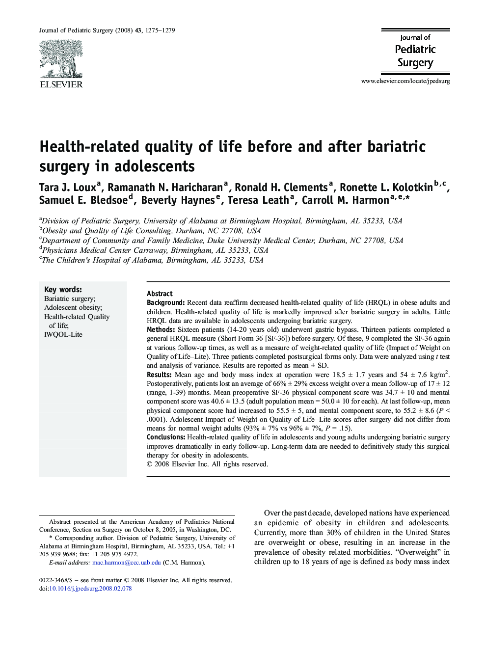 Health-related quality of life before and after bariatric surgery in adolescents 