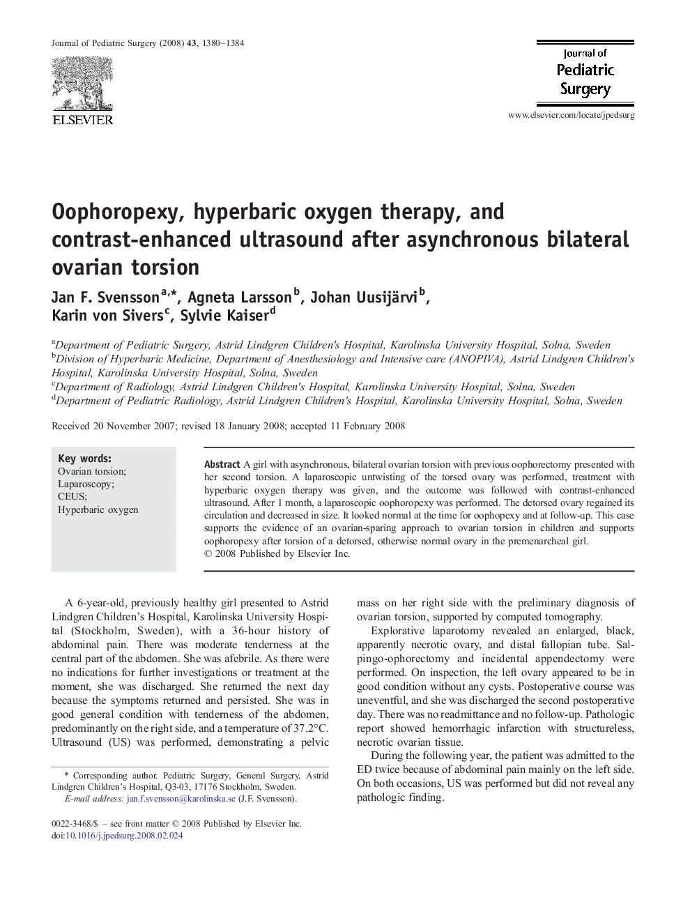 Oophoropexy, hyperbaric oxygen therapy, and contrast-enhanced ultrasound after asynchronous bilateral ovarian torsion