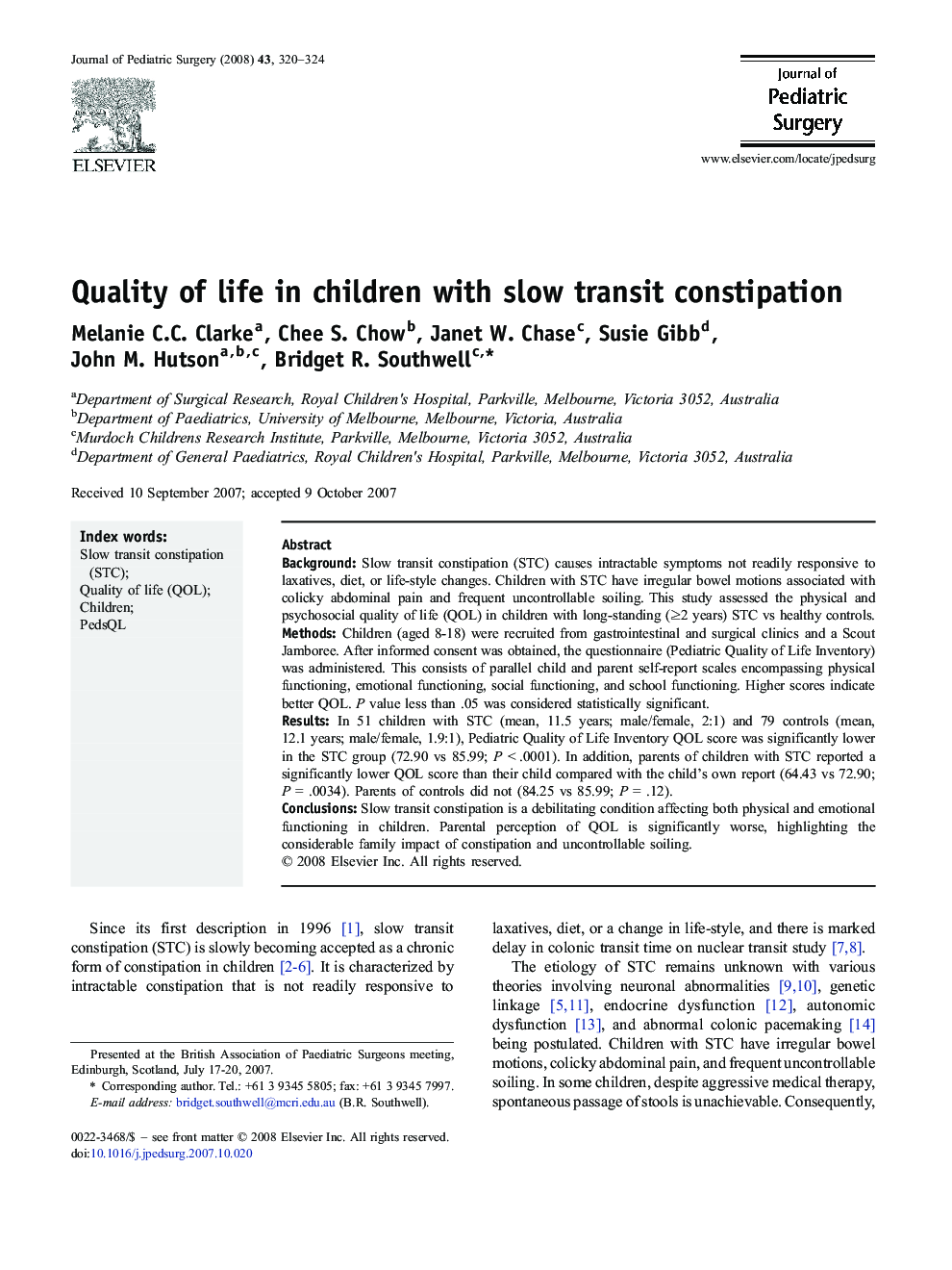 Quality of life in children with slow transit constipation 