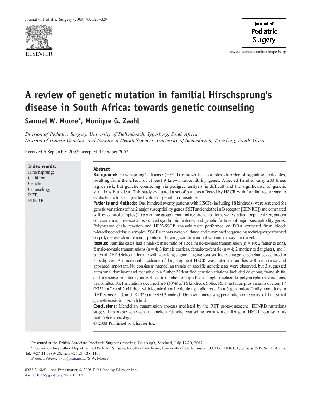 A review of genetic mutation in familial Hirschsprung's disease in South Africa: towards genetic counseling 