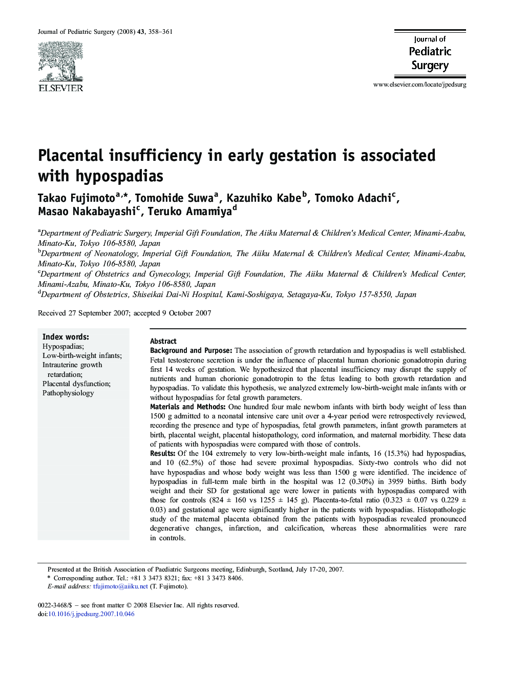 Placental insufficiency in early gestation is associated with hypospadias 