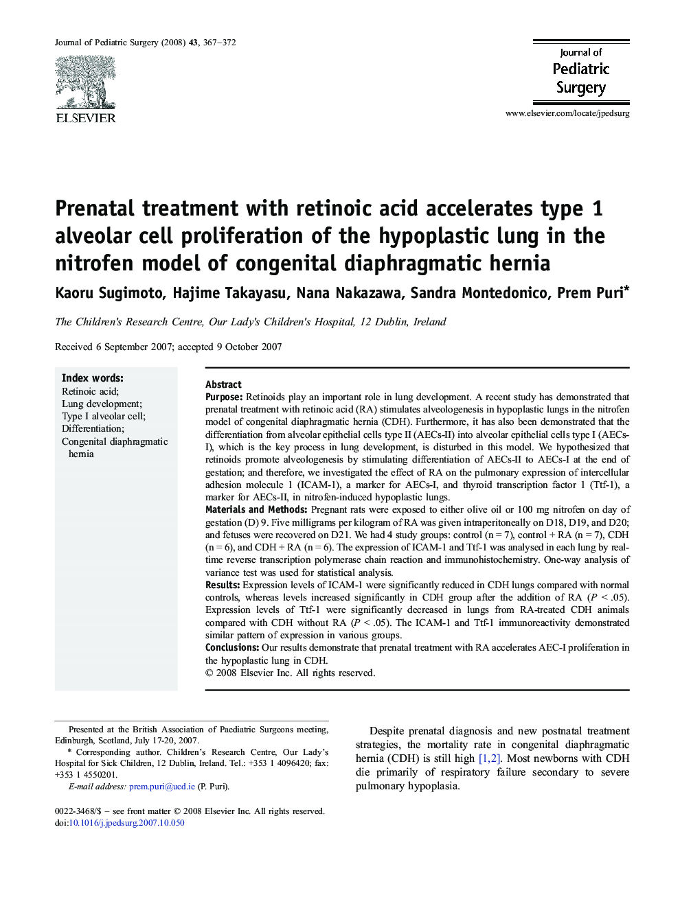 Prenatal treatment with retinoic acid accelerates type 1 alveolar cell proliferation of the hypoplastic lung in the nitrofen model of congenital diaphragmatic hernia 