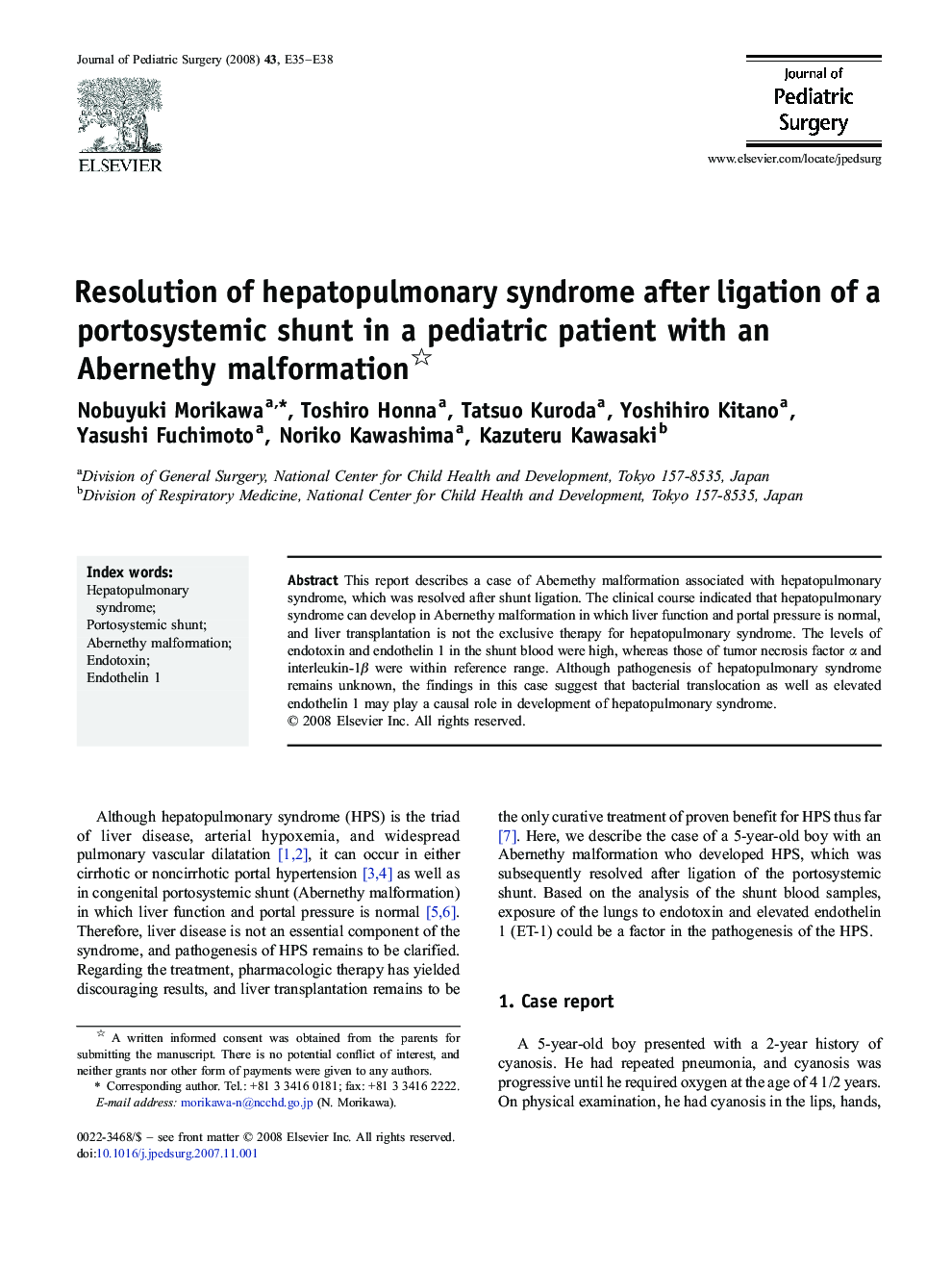 Resolution of hepatopulmonary syndrome after ligation of a portosystemic shunt in a pediatric patient with an Abernethy malformation 