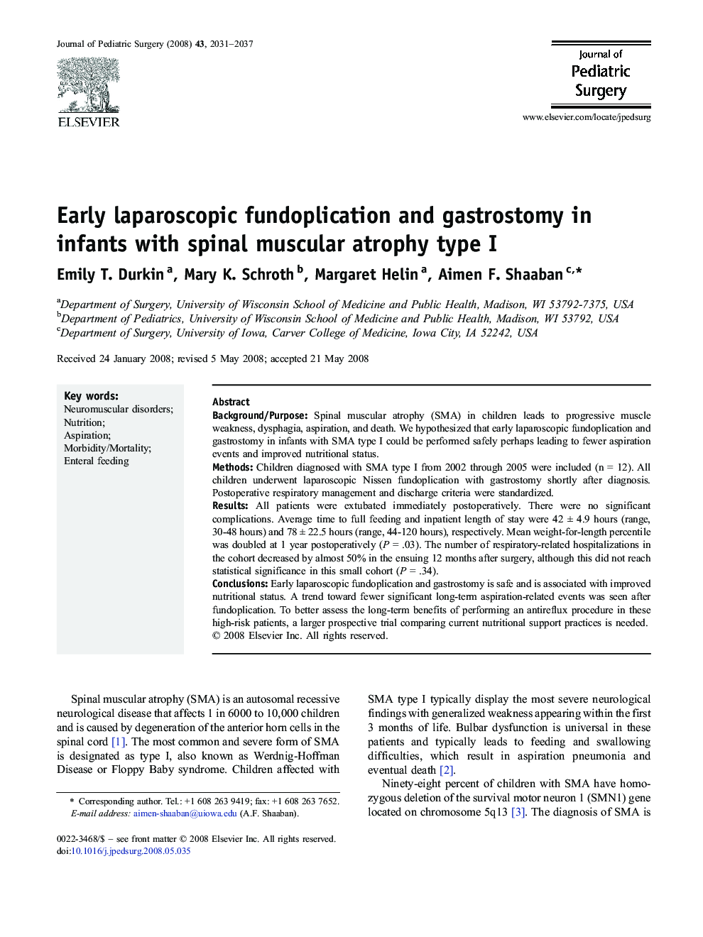 Early laparoscopic fundoplication and gastrostomy in infants with spinal muscular atrophy type I