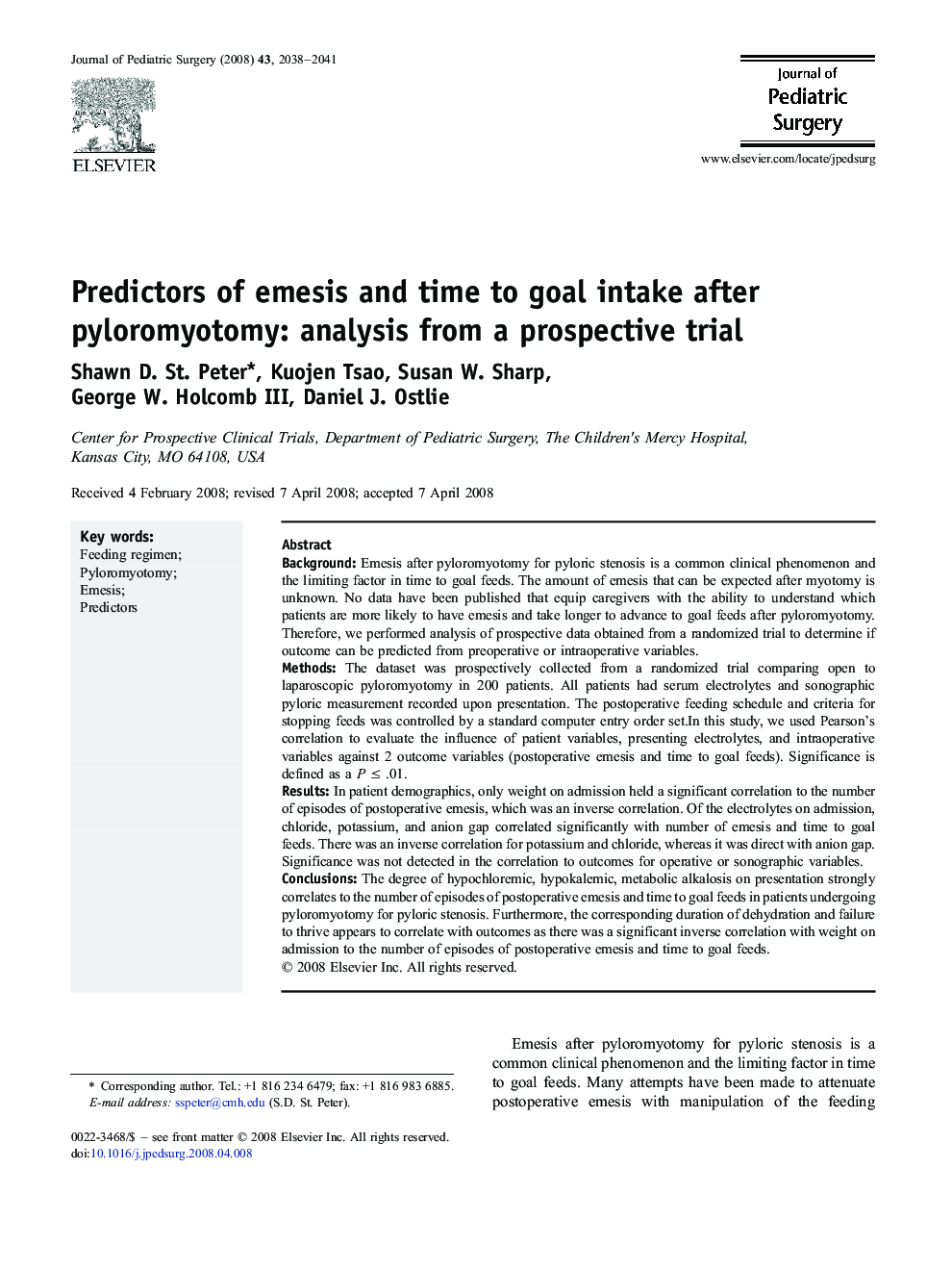 Predictors of emesis and time to goal intake after pyloromyotomy: analysis from a prospective trial