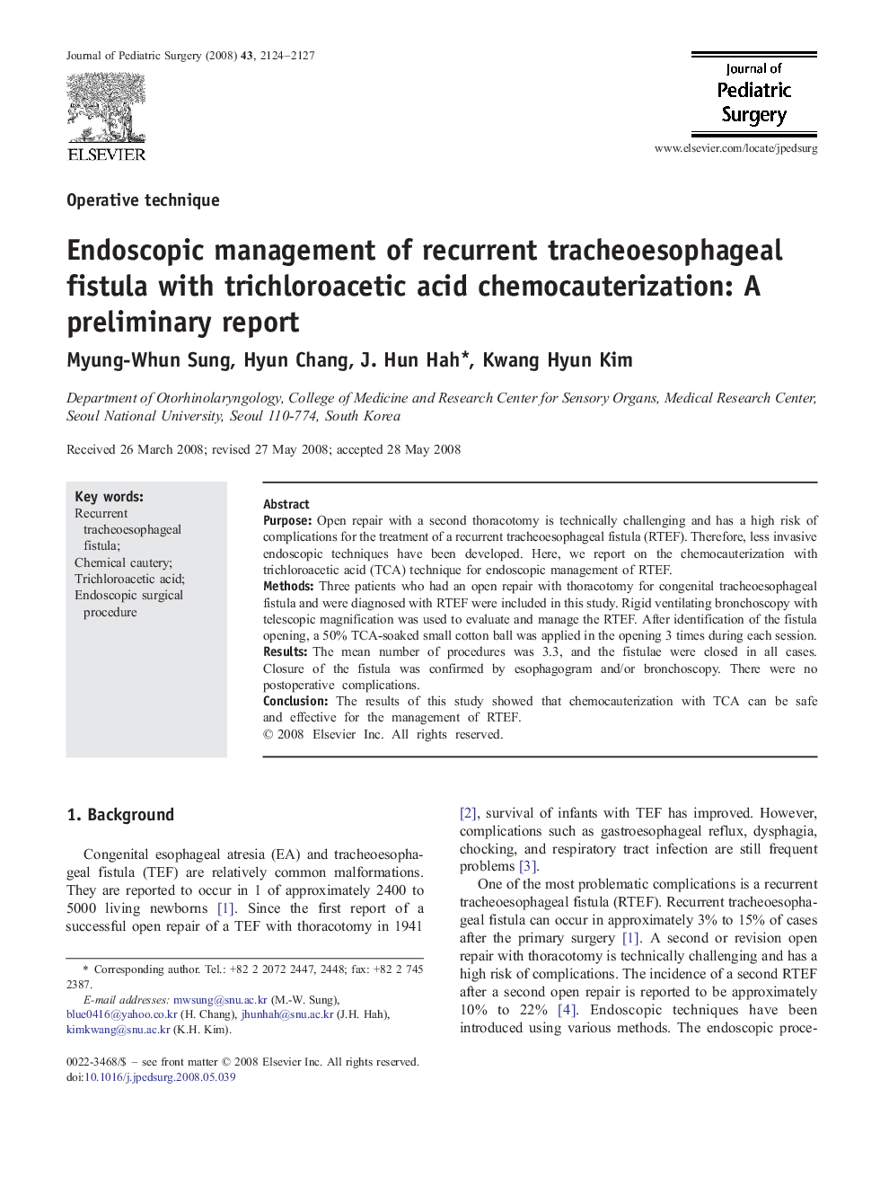 Endoscopic management of recurrent tracheoesophageal fistula with trichloroacetic acid chemocauterization: A preliminary report