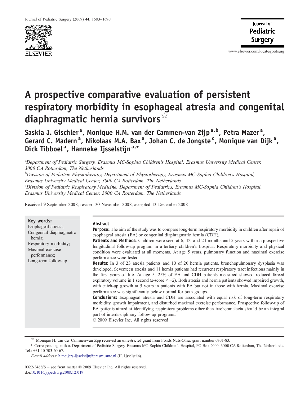 A prospective comparative evaluation of persistent respiratory morbidity in esophageal atresia and congenital diaphragmatic hernia survivors 