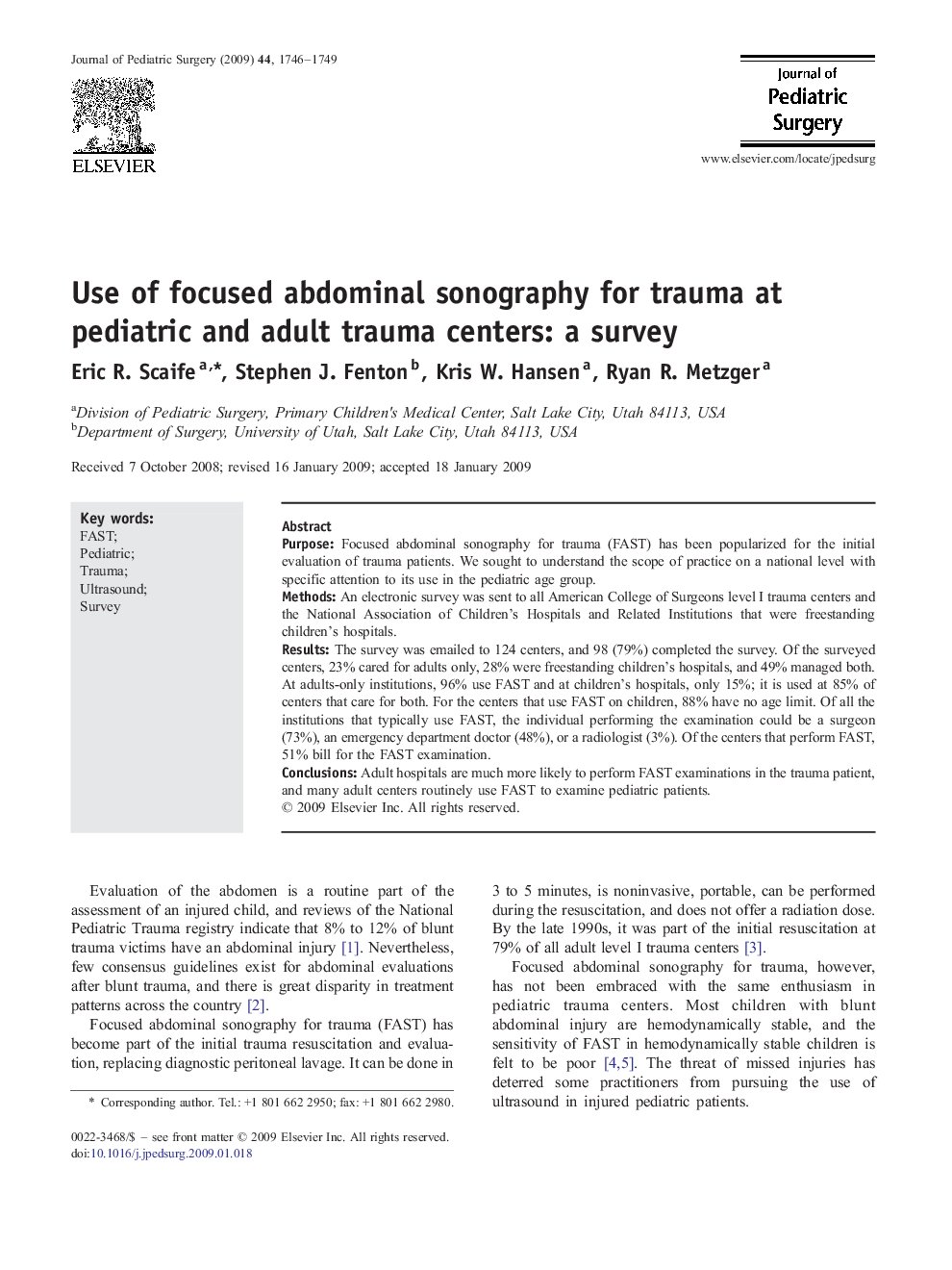 Use of focused abdominal sonography for trauma at pediatric and adult trauma centers: a survey